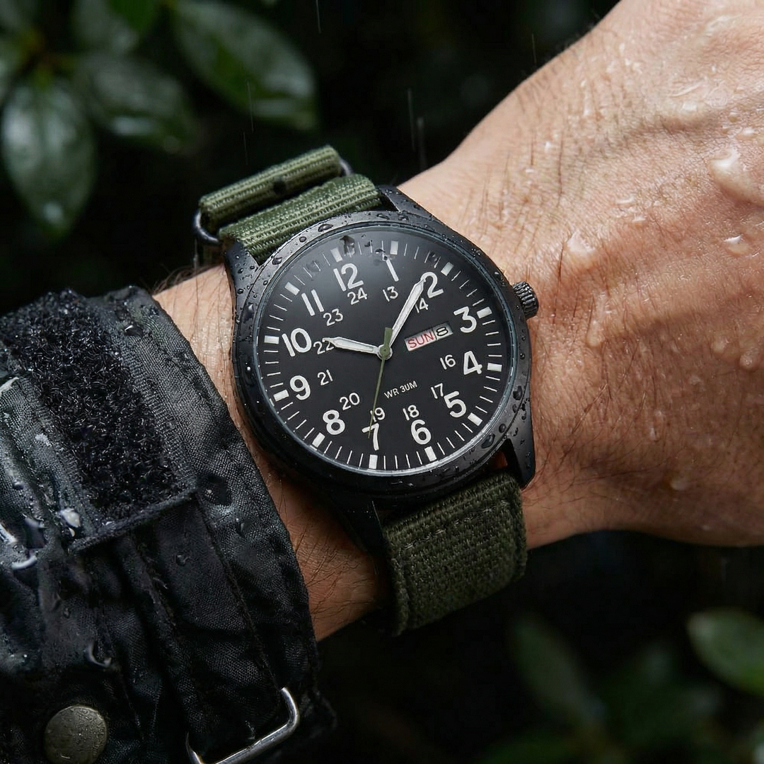 Gros plan de la montre au poignet sous la pluie, gouttes d'eau sur le boîtier noir et le bracelet vert. 3