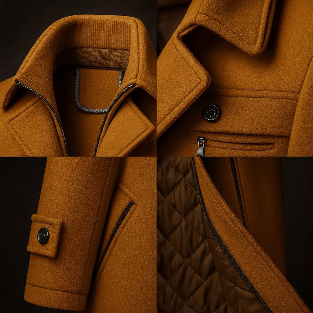 Quatre gros plans du manteau camel : double col, poche zippée, patte de manche et doublure matelassée 2