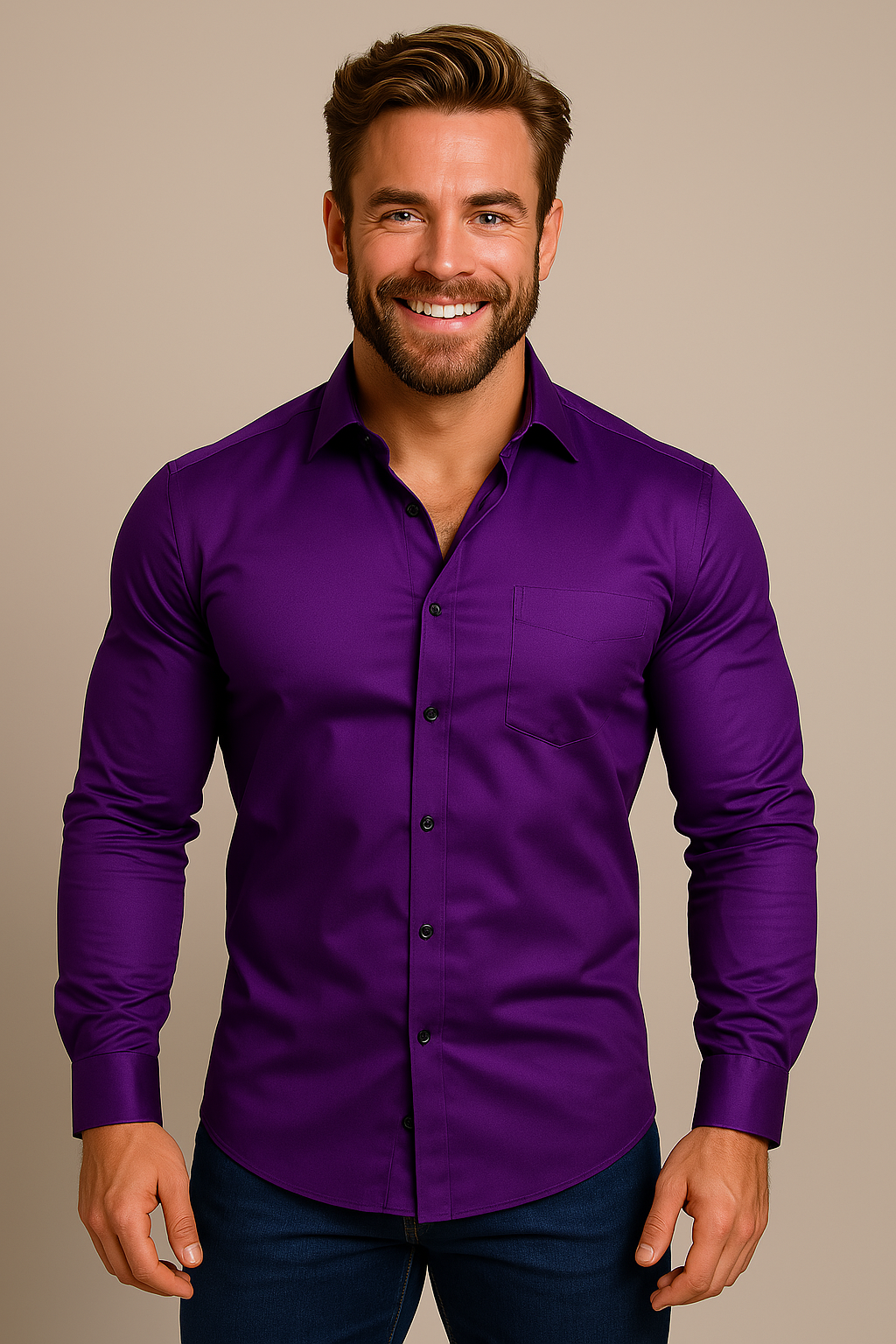 Chemise violette avec poche poitrine, portée de face par un homme souriant en jean 6