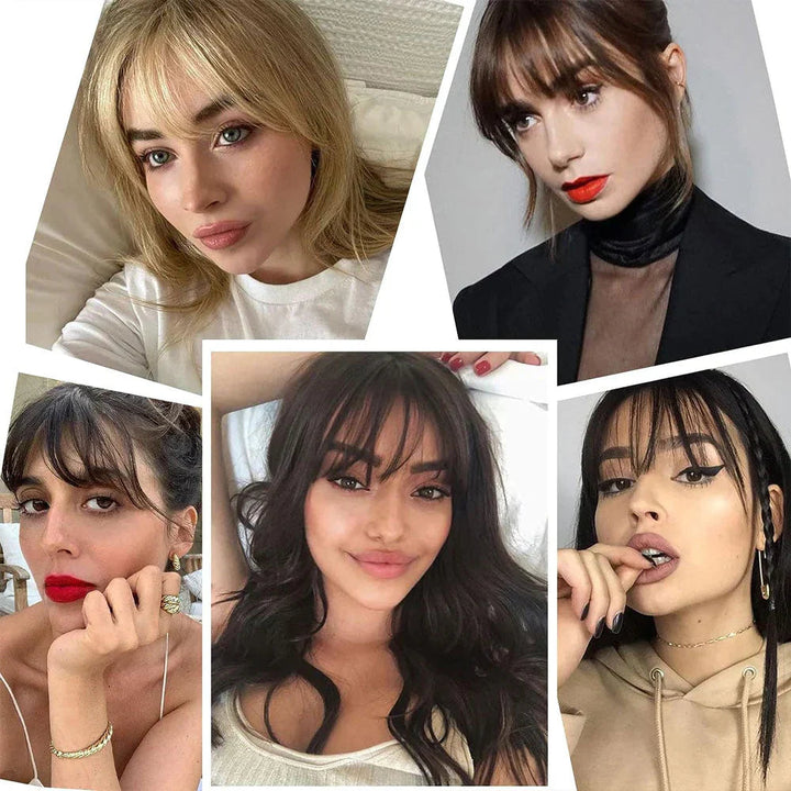 Collage de cinq femmes aux franges rideau, du blond au brun foncé, en selfies 2
