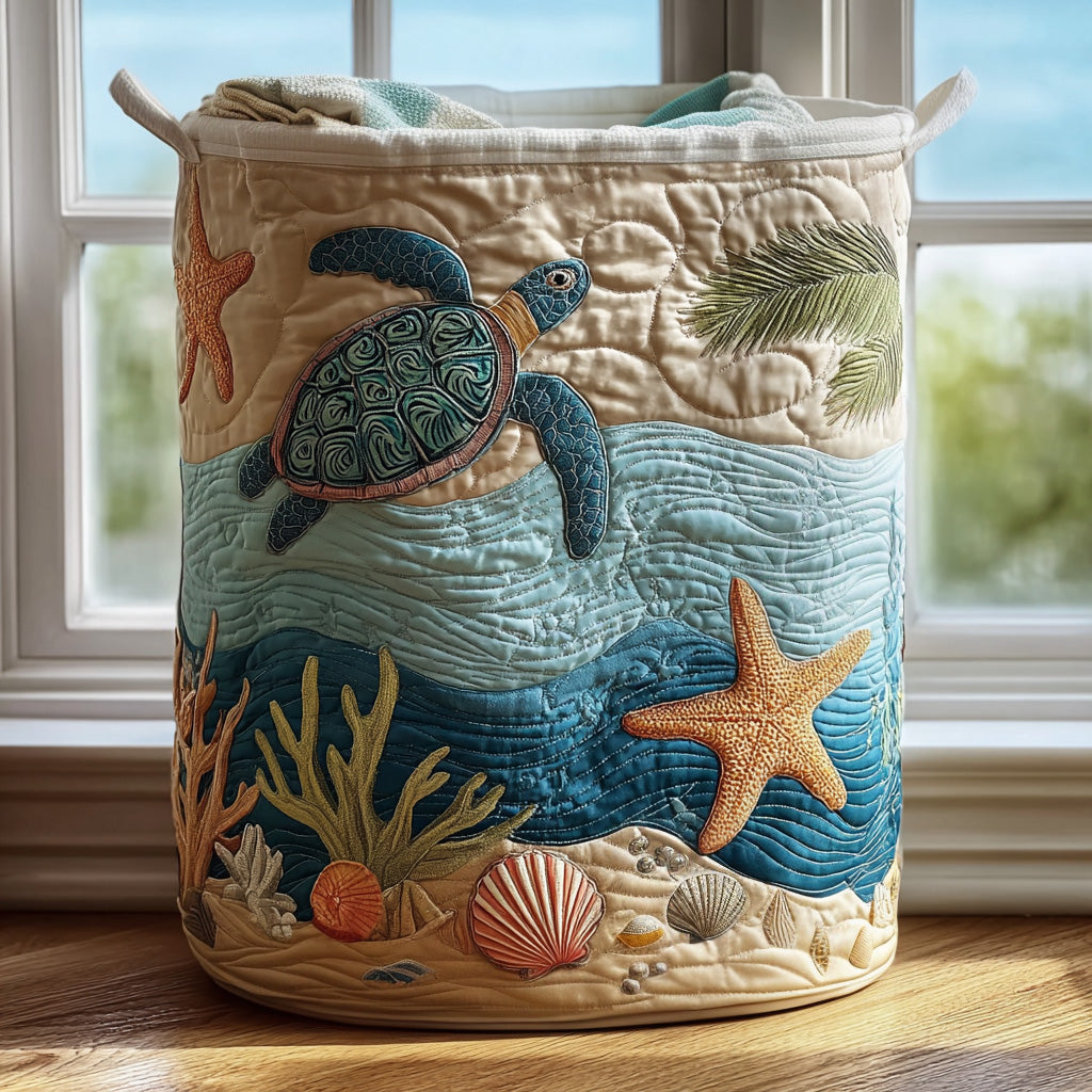 Panier cylindrique matelassé beige à motif de tortue de mer, étoiles de mer et coquillages, posé près d'une fenêtre avec du linge. 1