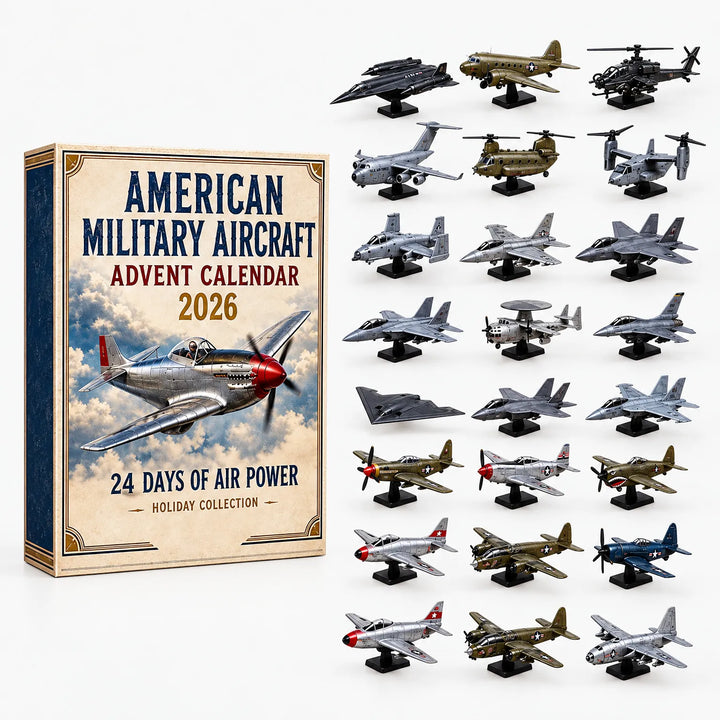 Boîte du calendrier à thème avions militaires américains et les vingt-quatre maquettes sur socle noir alignées à côté 2
