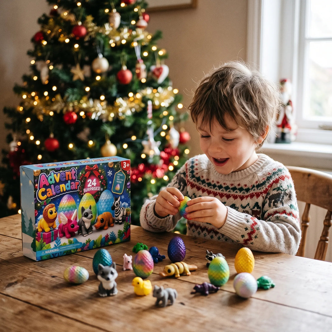 Enfant en pull de Noël ouvrant un œuf coloré devant le sapin, boîte et figurines sur la table 1