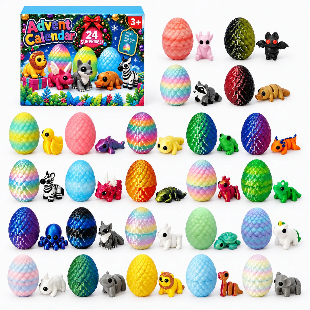 Boîte du calendrier entourée des vingt-quatre œufs colorés, chacun posé à côté de son petit animal articulé 2