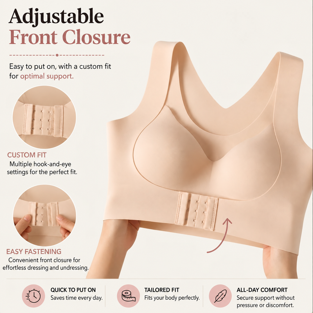 Soutien-gorge beige tenu à deux mains, avec gros plans sur la fermeture avant à crochets réglable sur plusieurs positions. 5