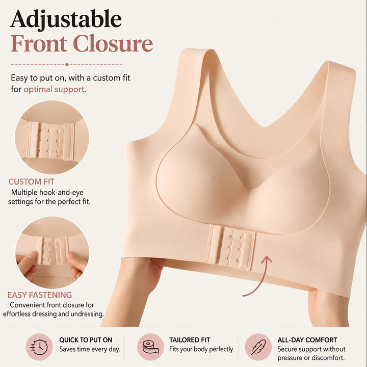 Soutien-gorge beige tenu à deux mains, avec gros plans sur la fermeture avant à crochets réglable sur plusieurs positions. 5