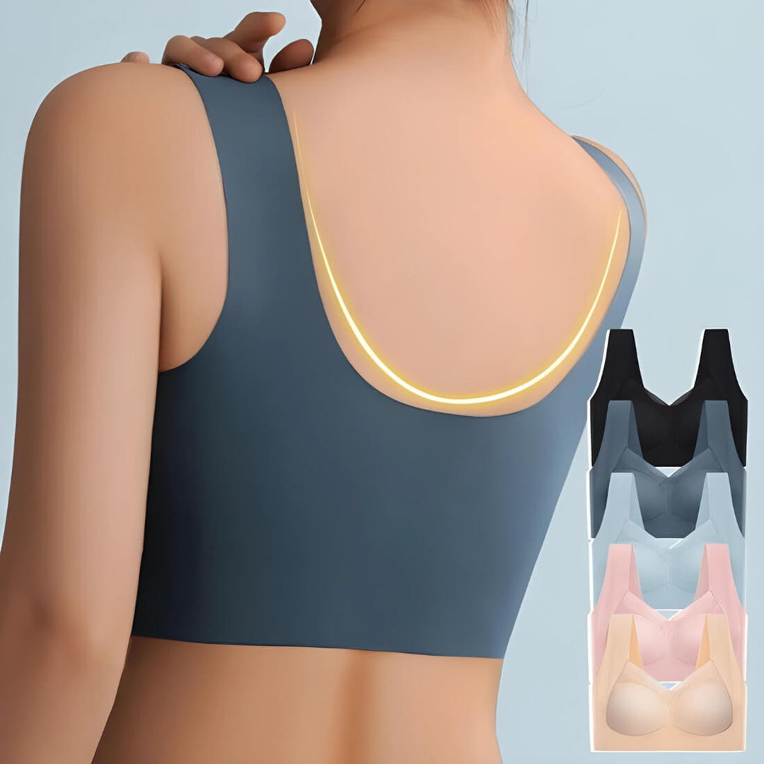 Dos du soutien-gorge gris-bleu porté, avec une ligne lumineuse soulignant l'échancrure, et pile de cinq coloris à droite. 7
