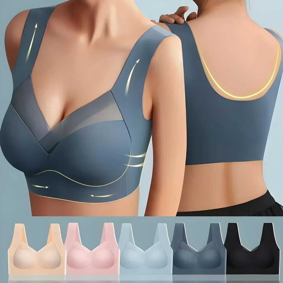 Montage du soutien-gorge gris-bleu porté de face et de dos, avec flèches de maintien et cinq coloris en bas. 1