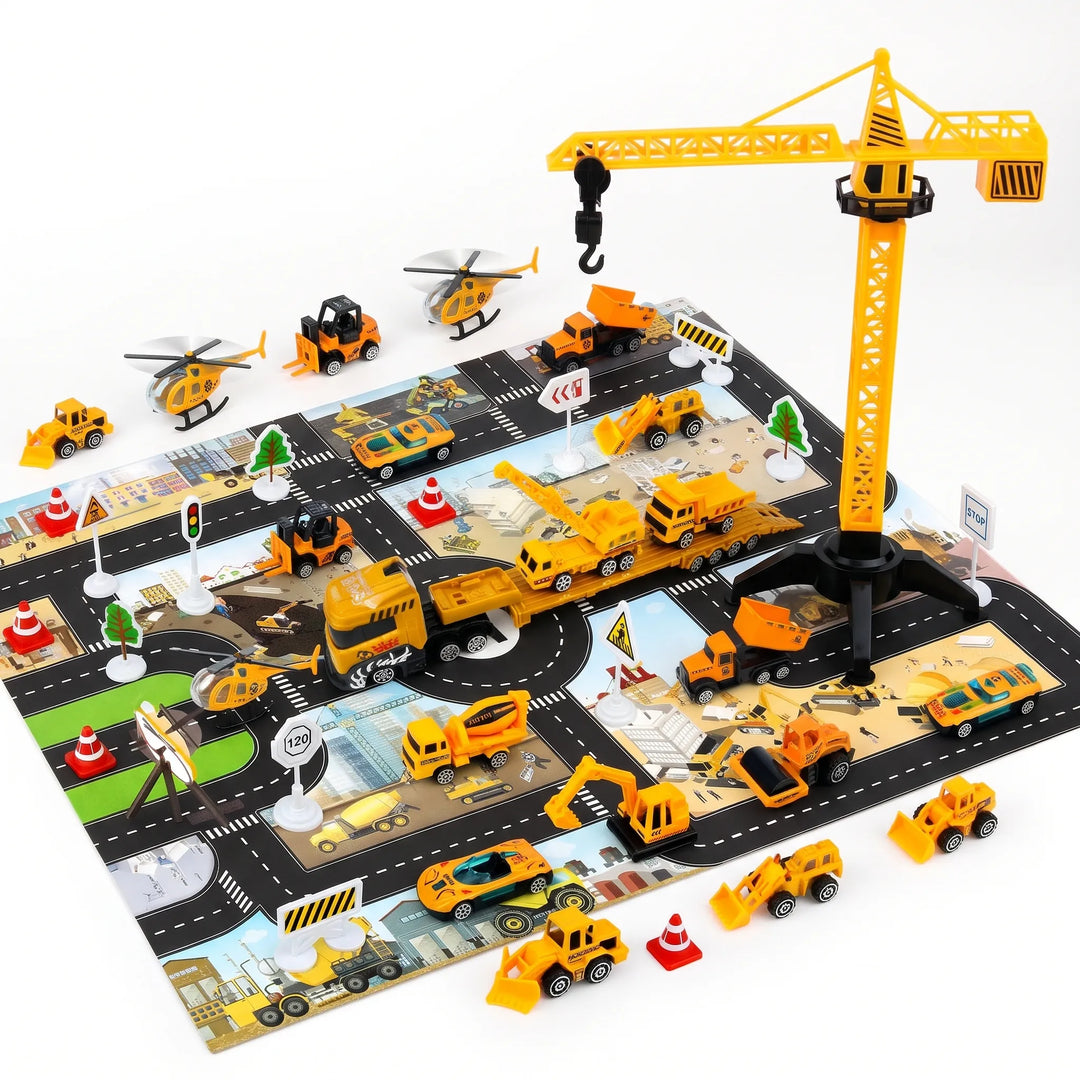 Tous les jouets disposés sur le tapis de route : grue, camions, hélicoptères, voitures et panneaux 2