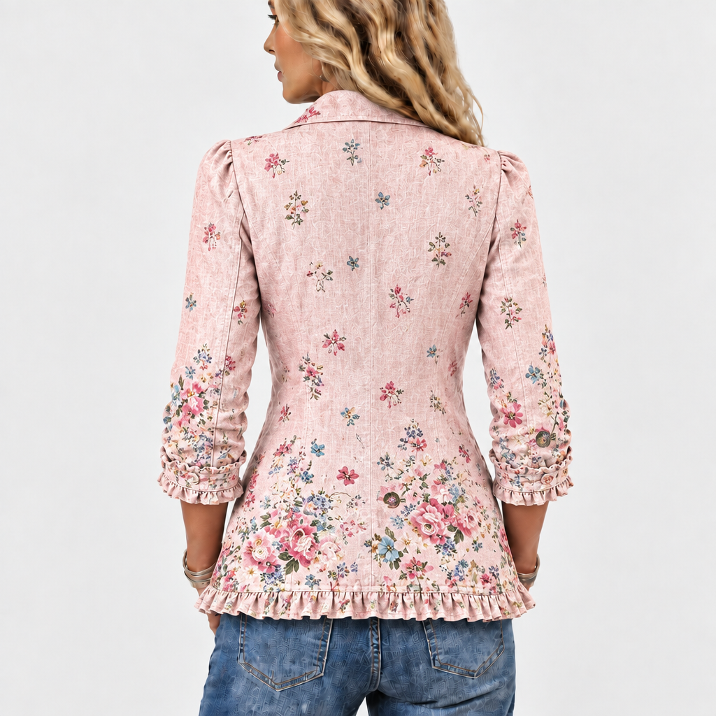 Dos de la veste rose à motifs floraux, avec ourlet et poignets à volants, portée par un mannequin de dos. 5