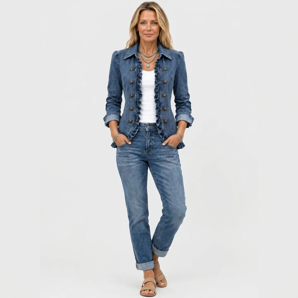 Look complet en pied : veste en jean à volants avec jean retroussé et sandales beiges 3