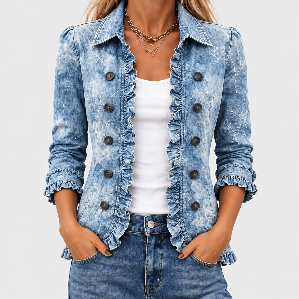 Gros plan de face de la veste en denim délavé à volants et boutons, portée ouverte sur un débardeur blanc 1