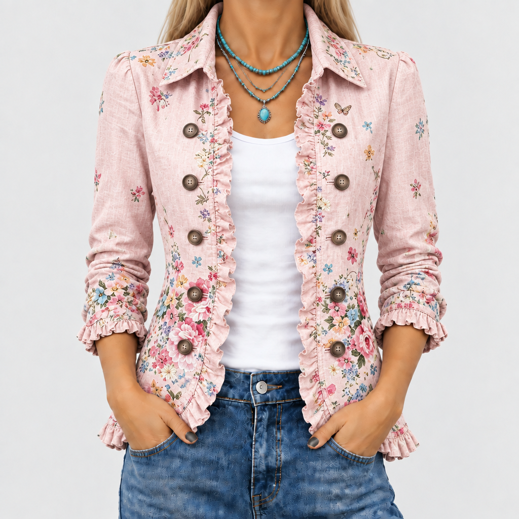 Gros plan sur le devant de la veste rose à fleurs, volants le long de l'ouverture, boutons et col, portée sur un débardeur blanc. 1