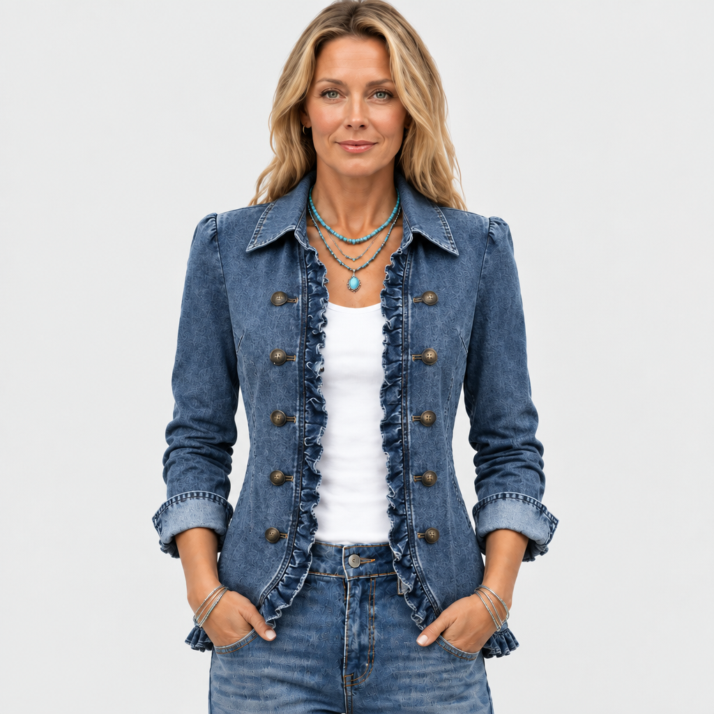 Vue de face de la veste en jean à volants, portée ouverte par une femme, mains dans les poches 2