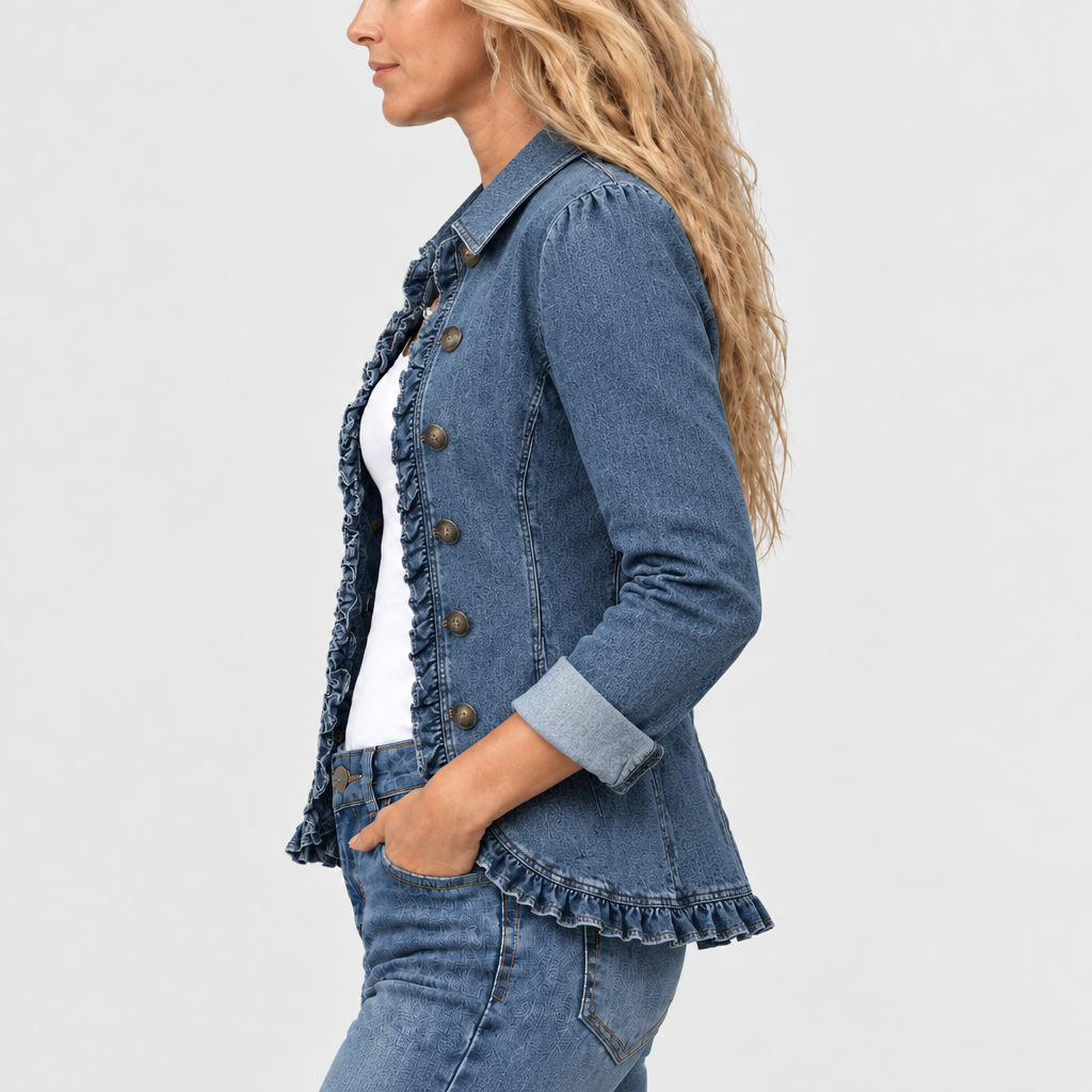 Vue de profil de la veste en jean, avec manches retroussées, boutons métalliques et volant au bas 4