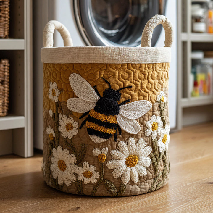 Panier matelassé moutarde brodé d'une grosse abeille et de marguerites, posé au sol devant un lave-linge, avec deux poignées en toile écrue. 1