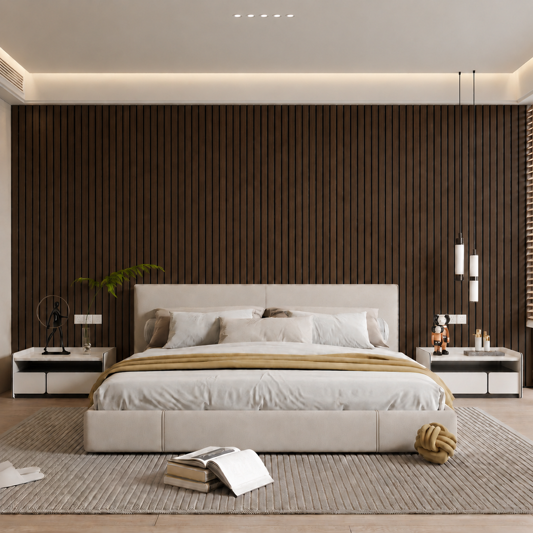 Chambre moderne au lit beige devant un mur de lattes brun foncé 29