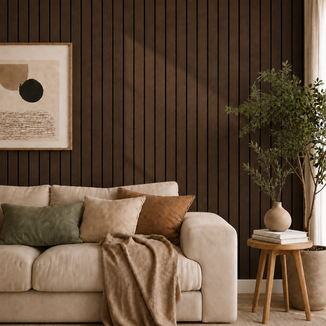 Salon avec canapé beige, grand cadre et plante devant un mur de lattes brun foncé 30