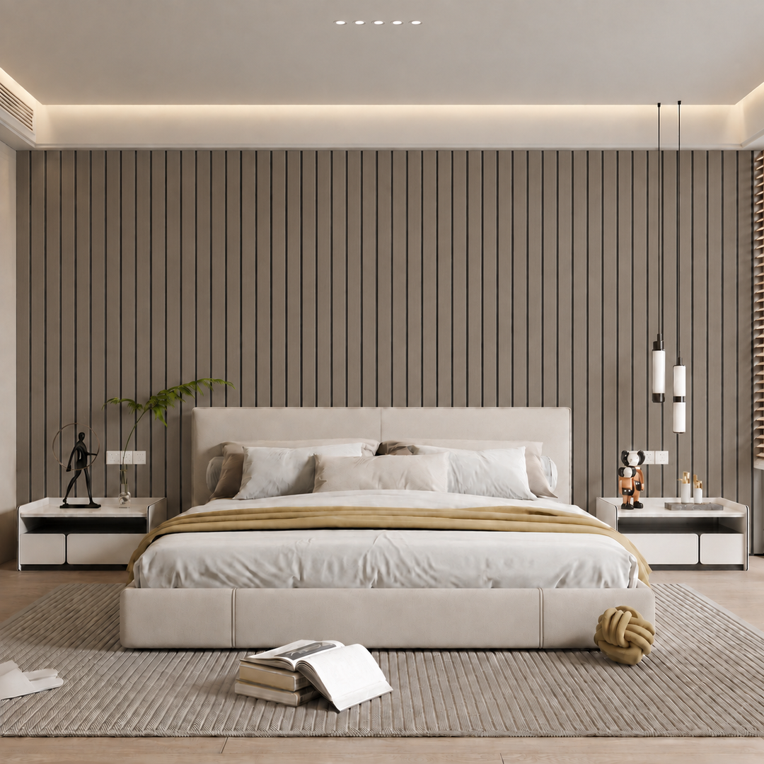 Chambre moderne avec tête de lit devant un mur de lattes gris-brun à rainures sombres 24
