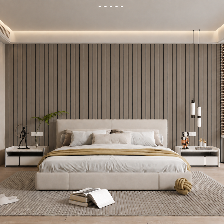Chambre moderne avec tête de lit devant un mur de lattes gris-brun à rainures sombres 24