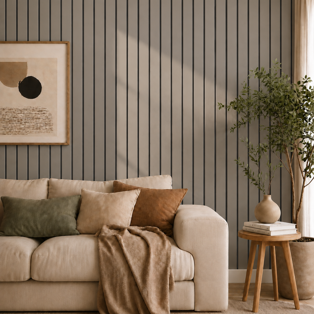 Salon avec canapé beige, cadre, plante et tabouret devant un mur de lattes gris-brun 25