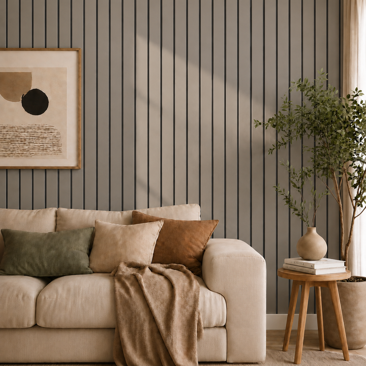 Salon avec canapé beige, cadre, plante et tabouret devant un mur de lattes gris-brun 25