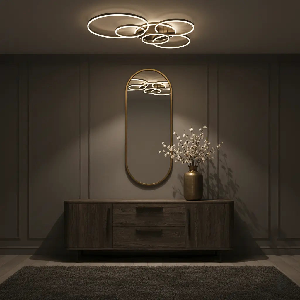 Plafonnier d'anneaux lumineux dans une entrée tamisée, au-dessus d'un miroir ovale et d'un buffet en bois 7