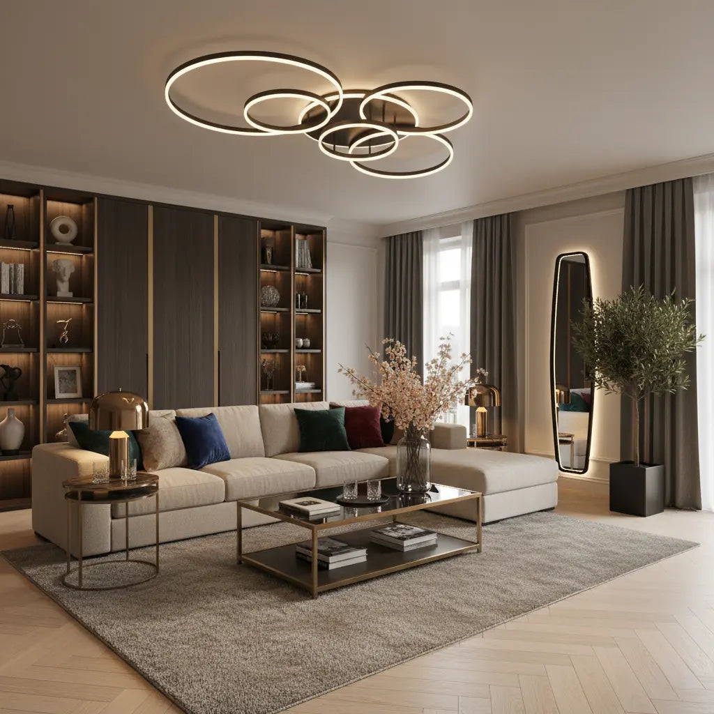 Plafonnier d'anneaux noirs lumineux au-dessus d'un salon élégant avec canapé beige, table basse et miroir 5