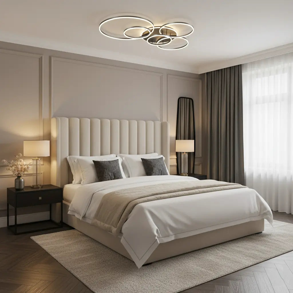 Plafonnier d'anneaux lumineux fixé au plafond d'une chambre claire avec lit à tête de lit capitonnée 4