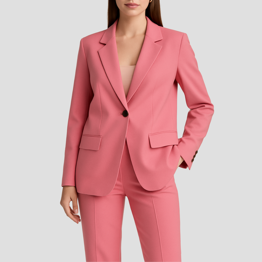 Gros plan sur le blazer rose boutonné, avec poches à rabat et boutons aux manches, porté par une femme 3