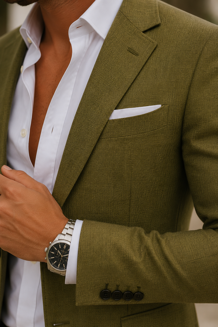 Gros plan sur le revers, la pochette blanche et la manche du costume vert olive avec montre 10