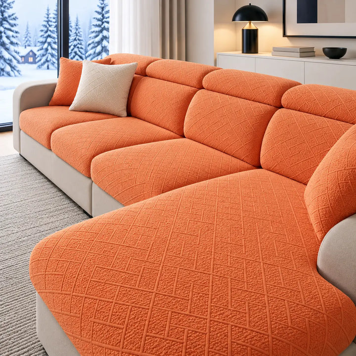 Canapé d'angle habillé de housses orange texturées à motif losanges, salon avec fenêtre sur paysage enneigé 1