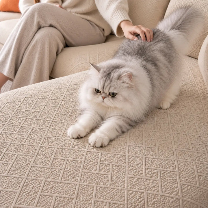 Chat persan gris et blanc s'étirant sur une housse beige texturée, main d'une personne le caressant 10