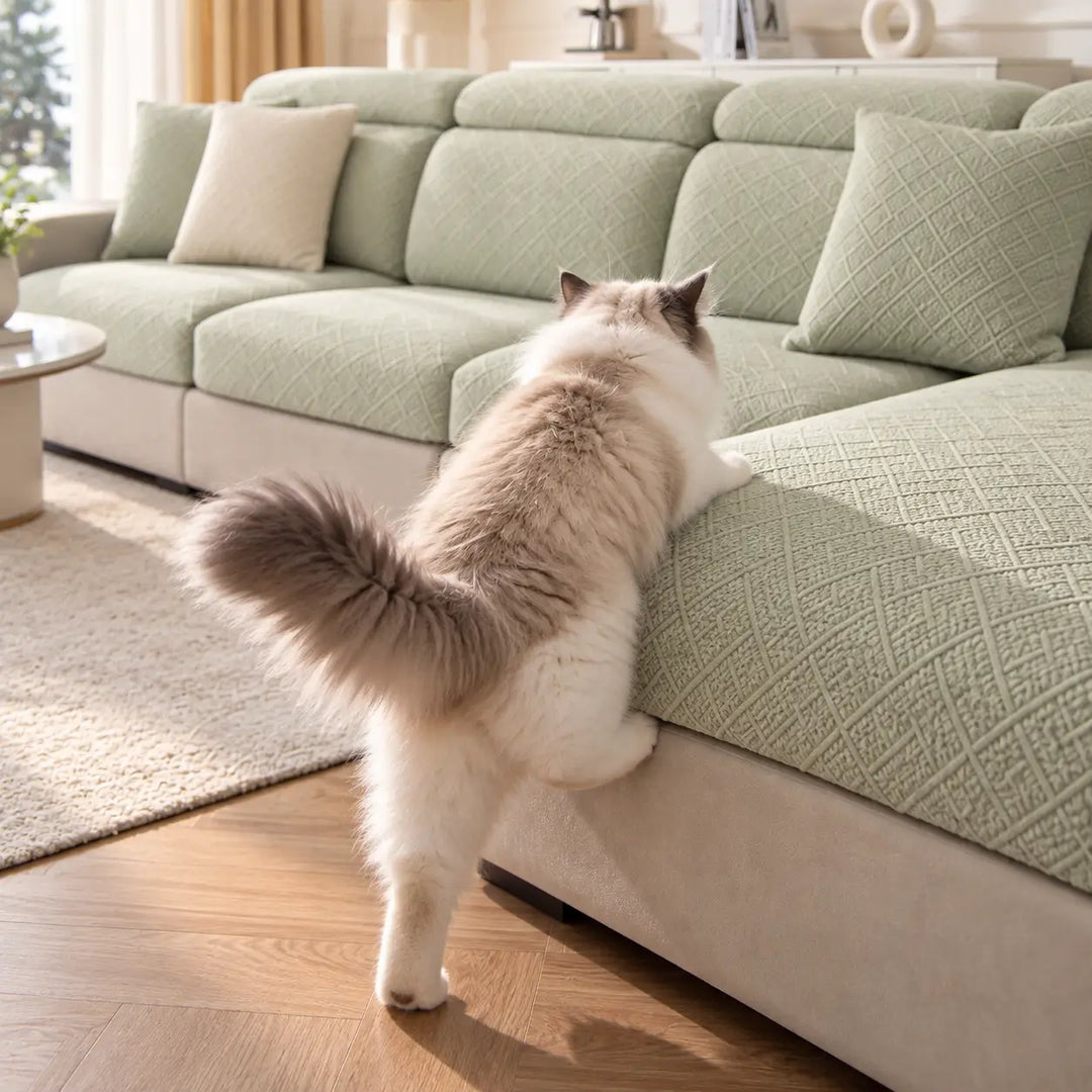 Chat ragdoll grimpant sur l'assise d'un canapé d'angle aux housses vert pâle 14