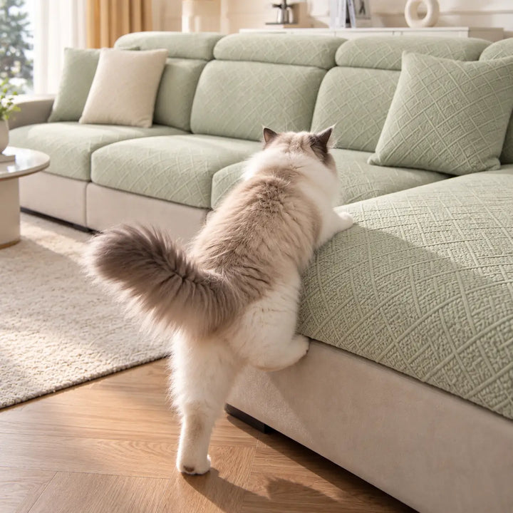 Chat ragdoll grimpant sur l'assise d'un canapé d'angle aux housses vert pâle 14