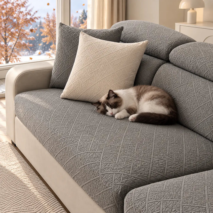 Chat endormi sur l'assise d'un canapé aux housses grises, coussins assortis et crème 15