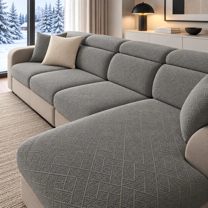 Canapé d'angle aux housses gris moyen à motif en relief, coussin crème, salon hivernal 20