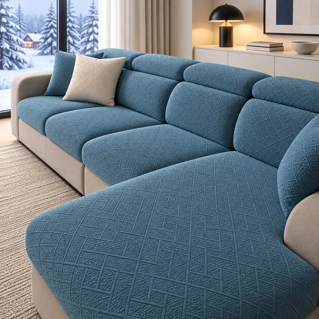 Canapé d'angle recouvert de housses bleues à motif losange texturé, dans un salon devant une fenêtre enneigée 21
