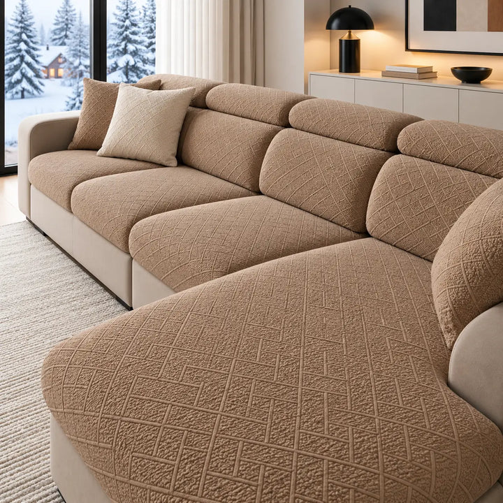 Même canapé d'angle avec housses texturées de teinte brun clair, coussins assortis et décor de salon hivernal 22
