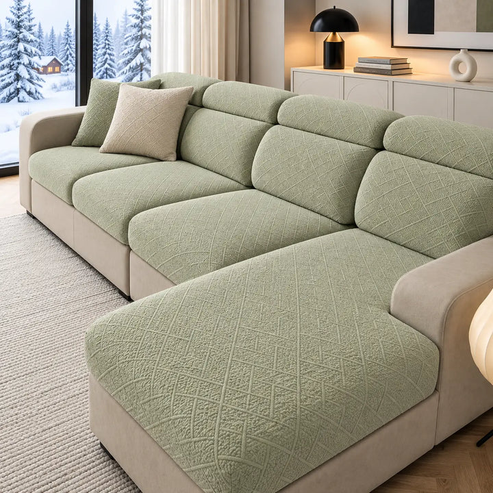 Canapé d'angle habillé de housses texturées vert clair, vu depuis la chaise longue, dans un salon lumineux 23