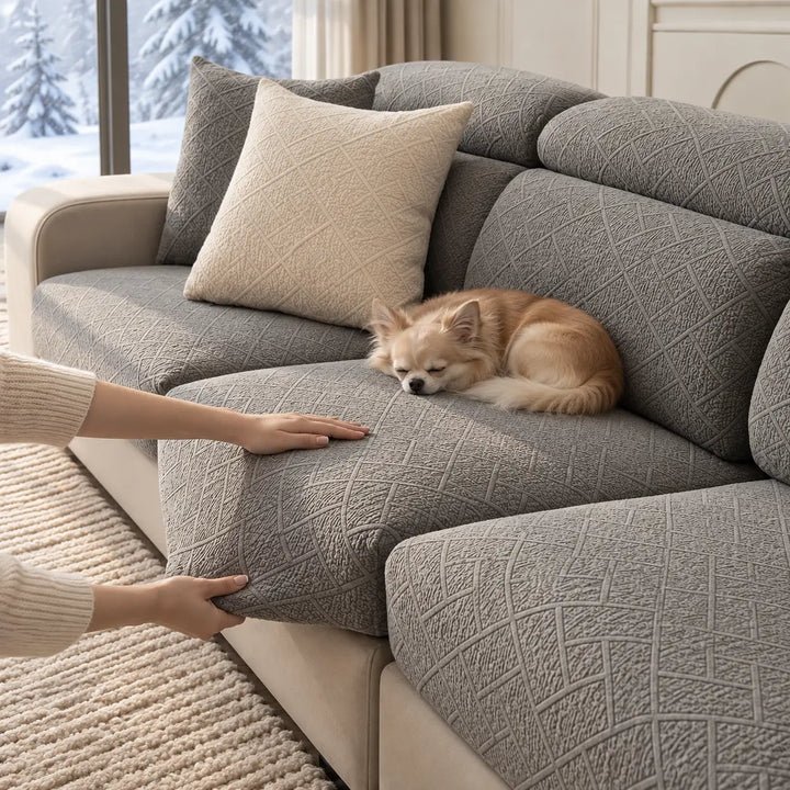 Housses grises sur canapé, mains ajustant l'assise, petit chihuahua endormi près d'un coussin crème 7