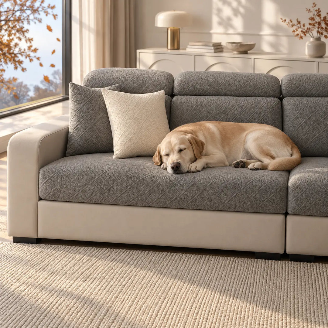 Labrador endormi sur l'assise d'un canapé à housses grises, coussins assortis et tapis tressé 8