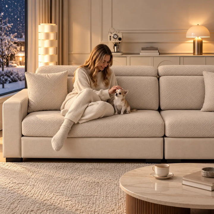 Femme en tenue douce caressant un chihuahua sur un canapé aux housses beiges, ambiance hivernale 9