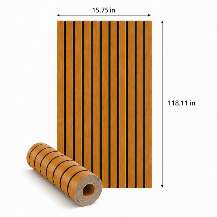 Panneau et rouleau de lattes couleur miel avec rainures noires, schéma des dimensions de la largeur et de la longueur 38