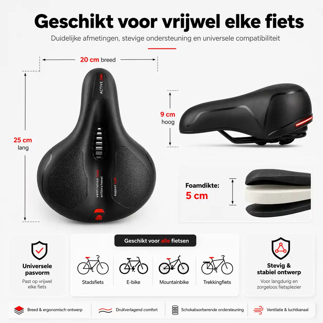 Schéma des dimensions de la selle (20 cm de large, 25 cm de long, 9 cm de haut) et des types de vélos compatibles. 17
