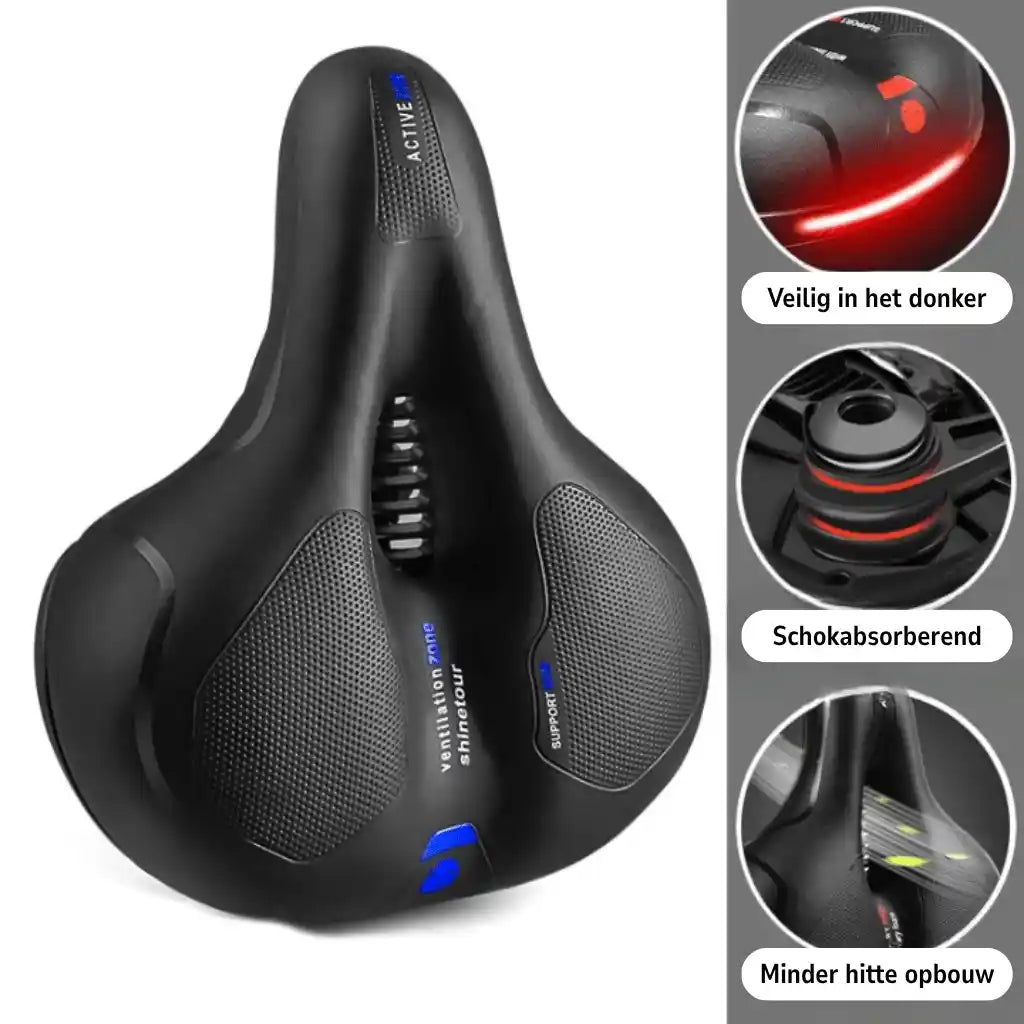 Selle avec détails bleus et trois vignettes sur la visibilité nocturne, l'amortissement et la réduction de la chaleur. 19