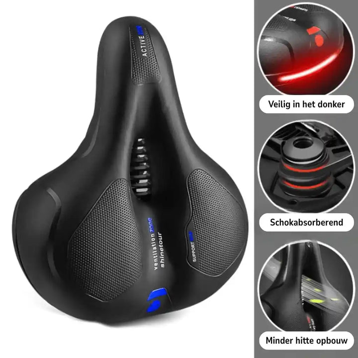 Selle avec détails bleus et trois vignettes sur la visibilité nocturne, l'amortissement et la réduction de la chaleur. 19
