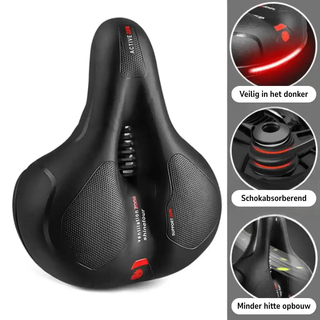 Selle avec détails rouges et trois vignettes sur la visibilité nocturne, l'amortissement et la réduction de la chaleur. 20