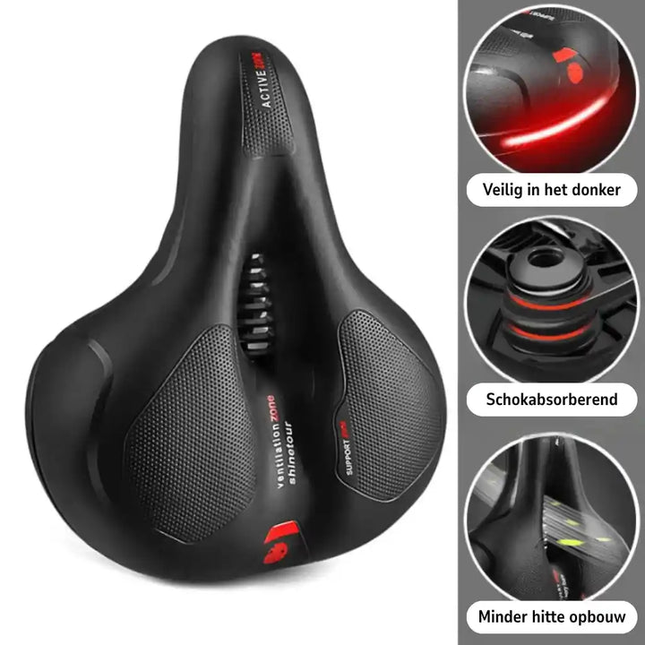Selle avec détails rouges et trois vignettes sur la visibilité nocturne, l'amortissement et la réduction de la chaleur. 20