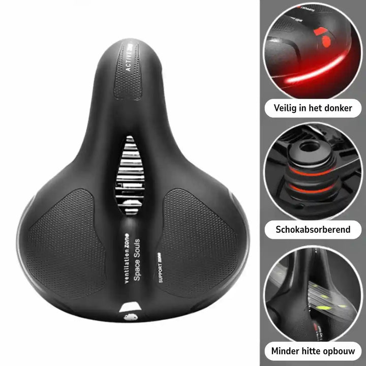 Selle noire vue de dessus à plat, avec découpe centrale ajourée et zones texturées, accompagnée de trois gros plans : réflecteur, amortisseur, ventilation. 22